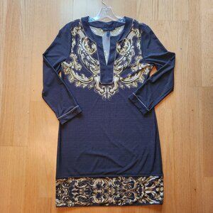 BCBGMAXAZRIA Shift Dress Womens M Gold Black Casual Long Sleeve V Neck Pullover